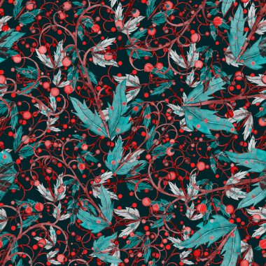 Vintage yapraklı suluboya desenli. Dekoratif tasarım için renkli yaprakları olan güzel bir botanik baskısı. Parlak bahar ya da yaz arkaplanı. Klasik düğün dekoru. Tekstil tasarımı.