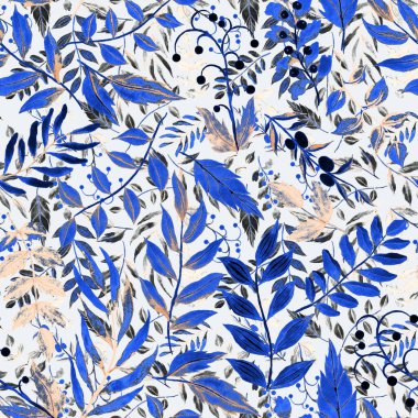 Vintage yapraklı suluboya desenli. Dekoratif tasarım için renkli yaprakları olan güzel bir botanik baskısı. Parlak bahar ya da yaz arkaplanı. Klasik düğün dekoru. Tekstil tasarımı.