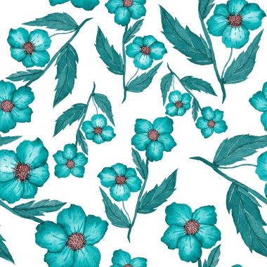 Çiçeklerle suluboya kusursuz desen. Klasik çiçek desenleri. Çiçeksiz desen. Botanik sanatı. Çiçek botanik koleksiyonu. Çiçek seti. Suluboya botanik tasarımı.