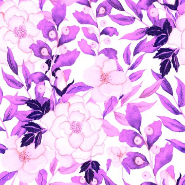 Çiçeklerle suluboya kusursuz desen. Klasik çiçek desenleri. Çiçeksiz desen. Botanik sanatı. Çiçek botanik koleksiyonu. Çiçek seti. Suluboya botanik tasarımı.