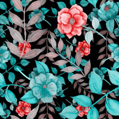 Çiçeklerle suluboya kusursuz desen. Klasik çiçek desenleri. Çiçeksiz desen. Botanik sanatı. Çiçek botanik koleksiyonu. Çiçek seti. Suluboya botanik tasarımı.