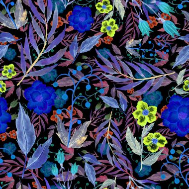 Çiçeklerle suluboya kusursuz desen. Klasik çiçek desenleri. Çiçeksiz desen. Botanik sanatı. Çiçek botanik koleksiyonu. Çiçek seti. Suluboya botanik tasarımı.