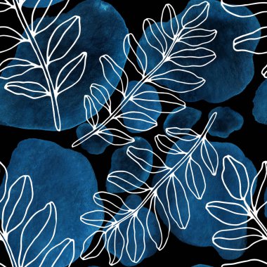 Çizgili sanat çiçekleri ve suluboya lekeleri olan yaratıcı kusursuz desen. Moda soyut modern vintage baskı.