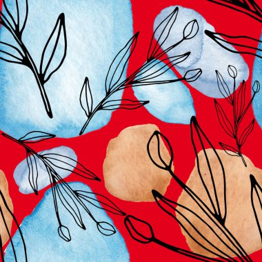 Çizgili sanat çiçekleri ve suluboya lekeleri olan yaratıcı kusursuz desen. Moda soyut modern vintage baskı.