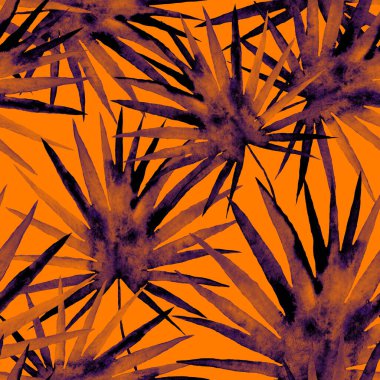 Renkli ve soyut tropikal yapraklı suluboya desenli. Egzotik bitkilerle dolu parlak yaz baskısı. Yaratıcı trend botanik tekstil tasarımı.