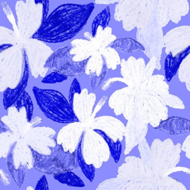 Balmumu pastel boyalarla çizilmiş soyut çiçekleri olan yaratıcı, pürüzsüz desen. Parlak renkli çiçek deseni.