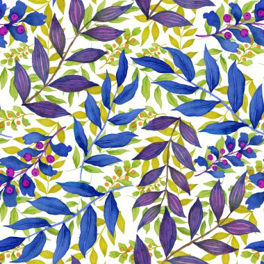 Vintage yapraklı suluboya desenli. Dekoratif tasarım için renkli yaprakları olan güzel bir botanik baskısı. Parlak bahar ya da yaz arkaplanı. Klasik düğün dekoru. Tekstil tasarımı.