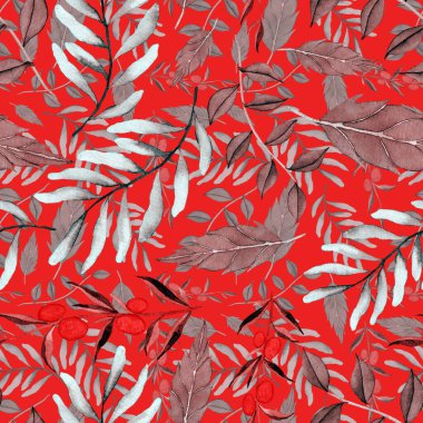 Vintage yapraklı suluboya desenli. Dekoratif tasarım için renkli yaprakları olan güzel bir botanik baskısı. Parlak bahar ya da yaz arkaplanı. Klasik düğün dekoru. Tekstil tasarımı.