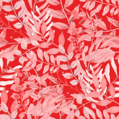 Vintage yapraklı suluboya desenli. Dekoratif tasarım için renkli yaprakları olan güzel bir botanik baskısı. Parlak bahar ya da yaz arkaplanı. Klasik düğün dekoru. Tekstil tasarımı.