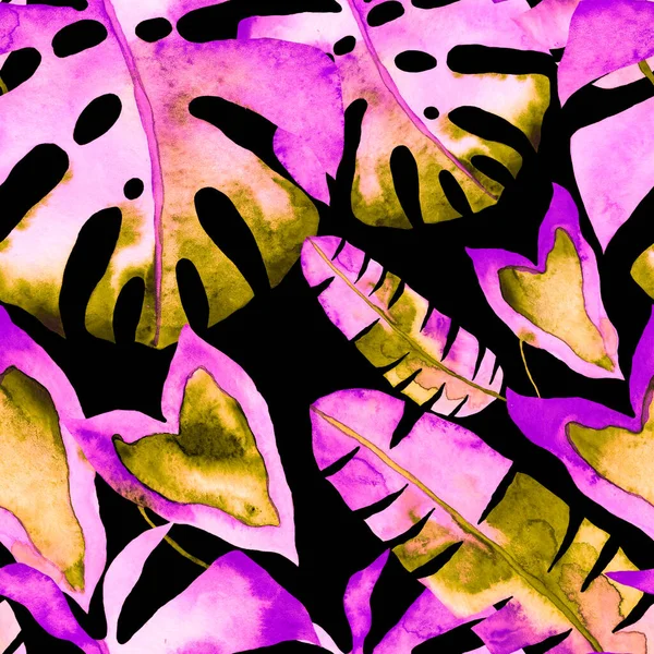 Akvarel Sømløse Mønster Med Farverige Abstrakte Tropiske Blade Lyse Sommer - Stock-foto