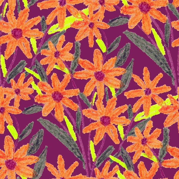 Creative Seamless Pattern Abstract Flowers Drawn Wax Crayons Bright Colorful — Stock Photo, Image