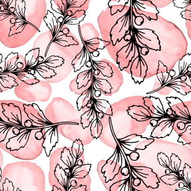 Çizgili sanat çiçekleri ve suluboya lekeleri olan yaratıcı kusursuz desen. Moda soyut modern vintage baskı.