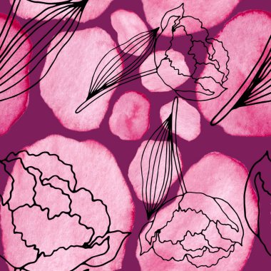 Çizgili sanat çiçekleri ve suluboya lekeleri olan yaratıcı kusursuz desen. Moda soyut modern vintage baskı.