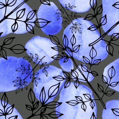 Çizgili sanat çiçekleri ve suluboya lekeleri olan yaratıcı kusursuz desen. Moda soyut modern vintage baskı.