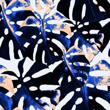 Renkli ve soyut tropikal yapraklı suluboya desenli. Egzotik bitkilerle dolu parlak yaz baskısı. Yaratıcı trend botanik tekstil tasarımı.