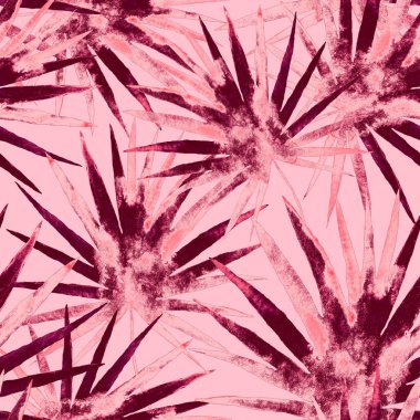 Renkli ve soyut tropikal yapraklı suluboya desenli. Egzotik bitkilerle dolu parlak yaz baskısı. Yaratıcı trend botanik tekstil tasarımı.