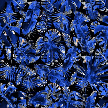 Renkli ve soyut tropikal yapraklı suluboya desenli. Egzotik bitkilerle dolu parlak yaz baskısı. Yaratıcı trend botanik tekstil tasarımı.