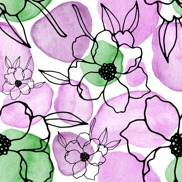 Kreatív Zökkenőmentes Minta Vonal Art Virágok Levelek Akvarell Foltok Trendi — Stock Fotó