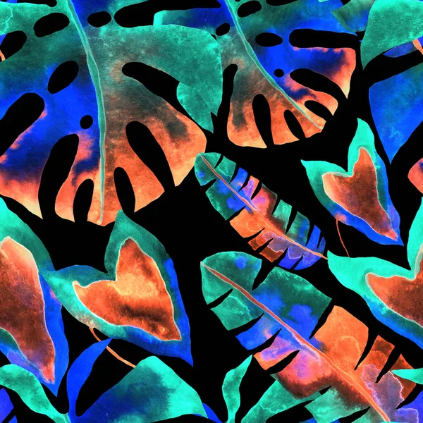 Akwarela Bezszwowy Wzór Kolorowymi Abstrakcyjnymi Liśćmi Tropikalnymi Jasny Letni Druk — Zdjęcie stockowe