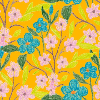 Balmumu pastel boyalarla çizilmiş soyut çiçekleri olan yaratıcı, pürüzsüz desen. Parlak renkli çiçek deseni.