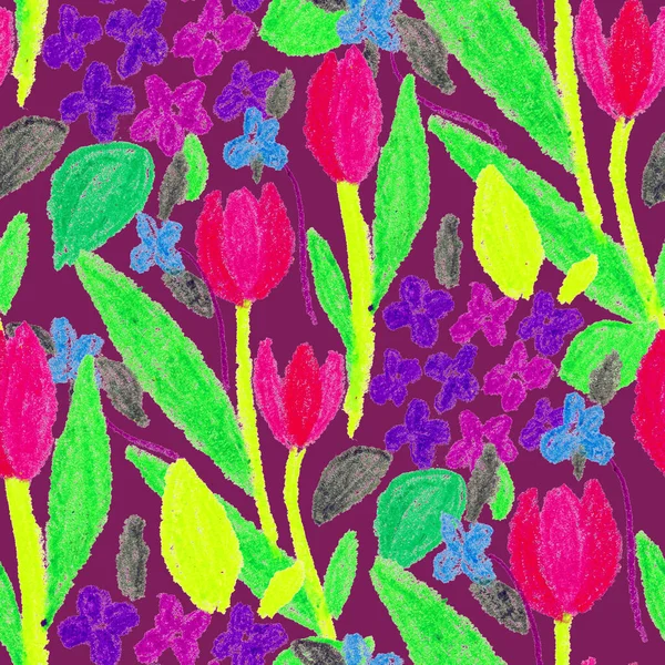 Creatief Naadloos Patroon Met Abstracte Bloemen Getekend Met Waskrijtjes Heldere — Stockfoto