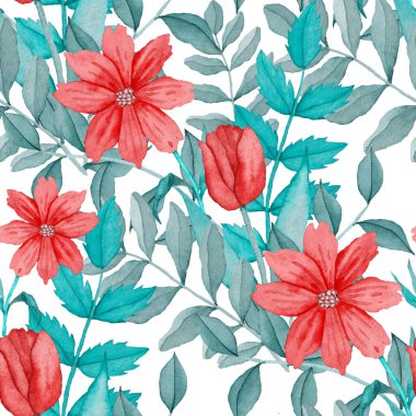 Çiçeklerle suluboya kusursuz desen. Klasik çiçek desenleri. Çiçeksiz desen. Botanik sanatı. Çiçek botanik koleksiyonu. Çiçek seti. Suluboya botanik tasarımı.