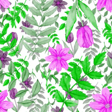 Çiçeklerle suluboya kusursuz desen. Klasik çiçek desenleri. Çiçeksiz desen. Botanik sanatı. Çiçek botanik koleksiyonu. Çiçek seti. Suluboya botanik tasarımı.