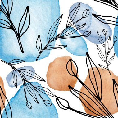 Çizgili sanat çiçekleri ve suluboya lekeleri olan yaratıcı kusursuz desen. Moda soyut modern vintage baskı.