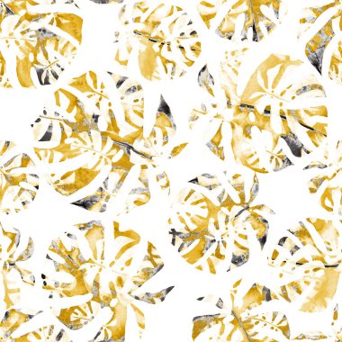 Renkli ve soyut tropikal yapraklı suluboya desenli. Egzotik bitkilerle dolu parlak yaz baskısı. Yaratıcı trend botanik tekstil tasarımı.