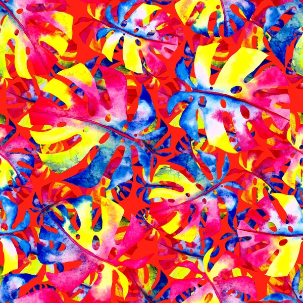 Padrão Sem Costura Aquarela Com Folhas Tropicais Abstratas Coloridas Impressão — Fotografia de Stock