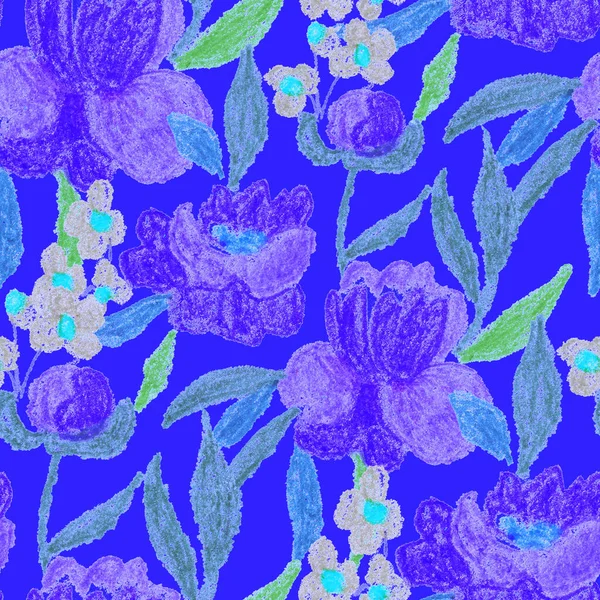 Kreatív Zökkenőmentes Minta Absztrakt Virágokkal Viaszzsírkrétákkal Rajzolva Fényes Színű Virágmintás — Stock Fotó