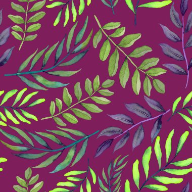 Vintage yapraklı suluboya desenli. Dekoratif tasarım için renkli yaprakları olan güzel bir botanik baskısı. Parlak bahar ya da yaz arkaplanı. Klasik düğün dekoru. Tekstil tasarımı.