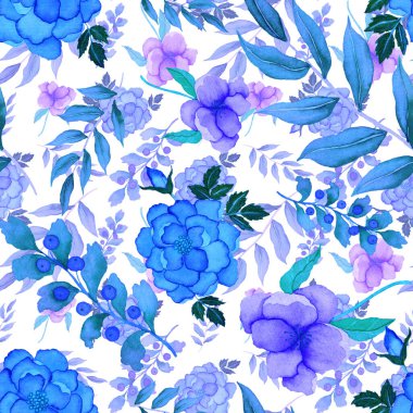 Çiçeklerle suluboya kusursuz desen. Klasik çiçek desenleri. Çiçeksiz desen. Botanik sanatı. Çiçek botanik koleksiyonu. Çiçek seti. Suluboya botanik tasarımı.