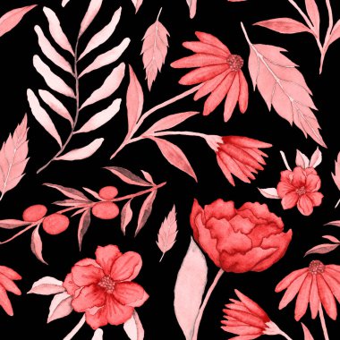 Çiçeklerle suluboya kusursuz desen. Klasik çiçek desenleri. Çiçeksiz desen. Botanik sanatı. Çiçek botanik koleksiyonu. Çiçek seti. Suluboya botanik tasarımı.