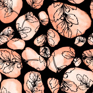 Çizgili sanat çiçekleri ve suluboya lekeleri olan yaratıcı kusursuz desen. Moda soyut modern vintage baskı.