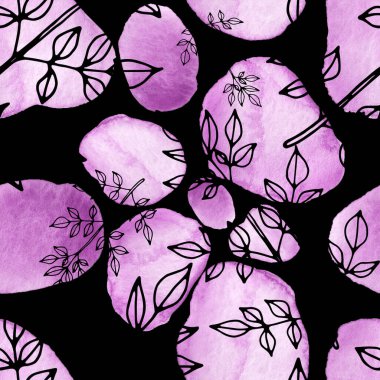 Çizgili sanat çiçekleri ve suluboya lekeleri olan yaratıcı kusursuz desen. Moda soyut modern vintage baskı.