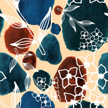 Çizgili sanat çiçekleri ve suluboya lekeleri olan yaratıcı kusursuz desen. Moda soyut modern vintage baskı.