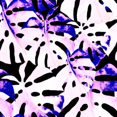 Renkli ve soyut tropikal yapraklı suluboya desenli. Egzotik bitkilerle dolu parlak yaz baskısı. Yaratıcı trend botanik tekstil tasarımı.