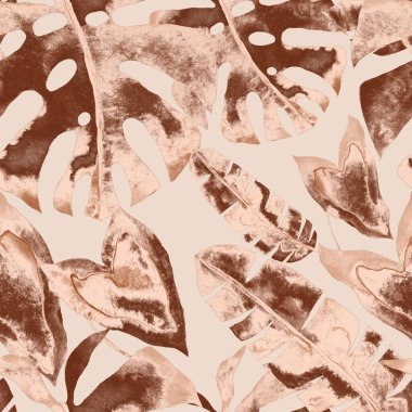 Renkli ve soyut tropikal yapraklı suluboya desenli. Egzotik bitkilerle dolu parlak yaz baskısı. Yaratıcı trend botanik tekstil tasarımı.