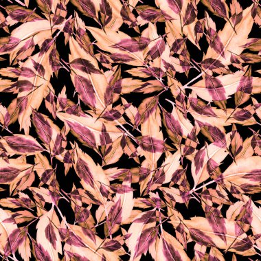 Vintage yapraklı suluboya desenli. Dekoratif tasarım için renkli yaprakları olan güzel bir botanik baskısı. Parlak bahar ya da yaz arkaplanı. Klasik düğün dekoru. Tekstil tasarımı.