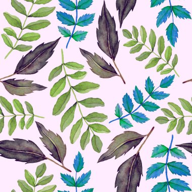 Vintage yapraklı suluboya desenli. Dekoratif tasarım için renkli yaprakları olan güzel bir botanik baskısı. Parlak bahar ya da yaz arkaplanı. Klasik düğün dekoru. Tekstil tasarımı.