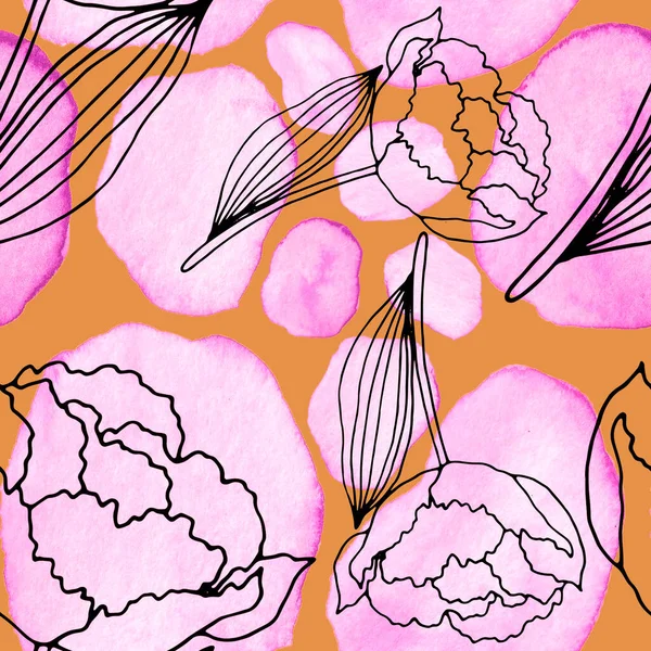 Çizgili Sanat Çiçekleri Suluboya Lekeleri Olan Yaratıcı Kusursuz Desen Moda — Stok fotoğraf