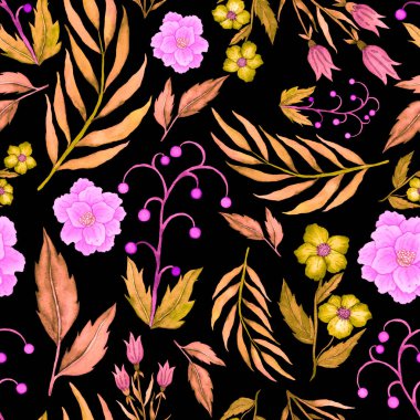 Çiçeklerle suluboya kusursuz desen. Klasik çiçek desenleri. Çiçeksiz desen. Botanik sanatı. Çiçek botanik koleksiyonu. Çiçek seti. Suluboya botanik tasarımı.