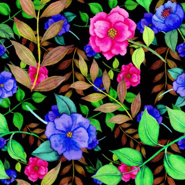 Çiçeklerle suluboya kusursuz desen. Klasik çiçek desenleri. Çiçeksiz desen. Botanik sanatı. Çiçek botanik koleksiyonu. Çiçek seti. Suluboya botanik tasarımı.