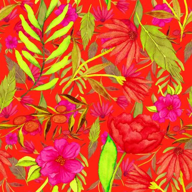 Çiçeklerle suluboya kusursuz desen. Klasik çiçek desenleri. Çiçeksiz desen. Botanik sanatı. Çiçek botanik koleksiyonu. Çiçek seti. Suluboya botanik tasarımı.