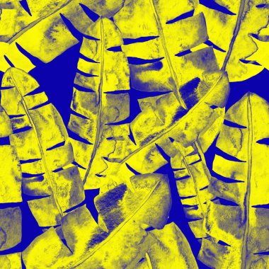 Renkli ve soyut tropikal yapraklı suluboya desenli. Egzotik bitkilerle dolu parlak yaz baskısı. Yaratıcı trend botanik tekstil tasarımı.