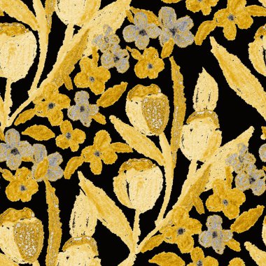 Balmumu pastel boyalarla çizilmiş soyut çiçekleri olan yaratıcı, pürüzsüz desen. Parlak renkli çiçek deseni.