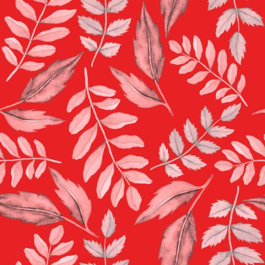 Vintage yapraklı suluboya desenli. Dekoratif tasarım için renkli yaprakları olan güzel bir botanik baskısı. Parlak bahar ya da yaz arkaplanı. Klasik düğün dekoru. Tekstil tasarımı.