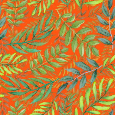 Vintage yapraklı suluboya desenli. Dekoratif tasarım için renkli yaprakları olan güzel bir botanik baskısı. Parlak bahar ya da yaz arkaplanı. Klasik düğün dekoru. Tekstil tasarımı.