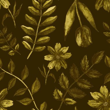 Çiçeklerle suluboya kusursuz desen. Klasik çiçek desenleri. Çiçeksiz desen. Botanik sanatı. Çiçek botanik koleksiyonu. Çiçek seti. Suluboya botanik tasarımı.